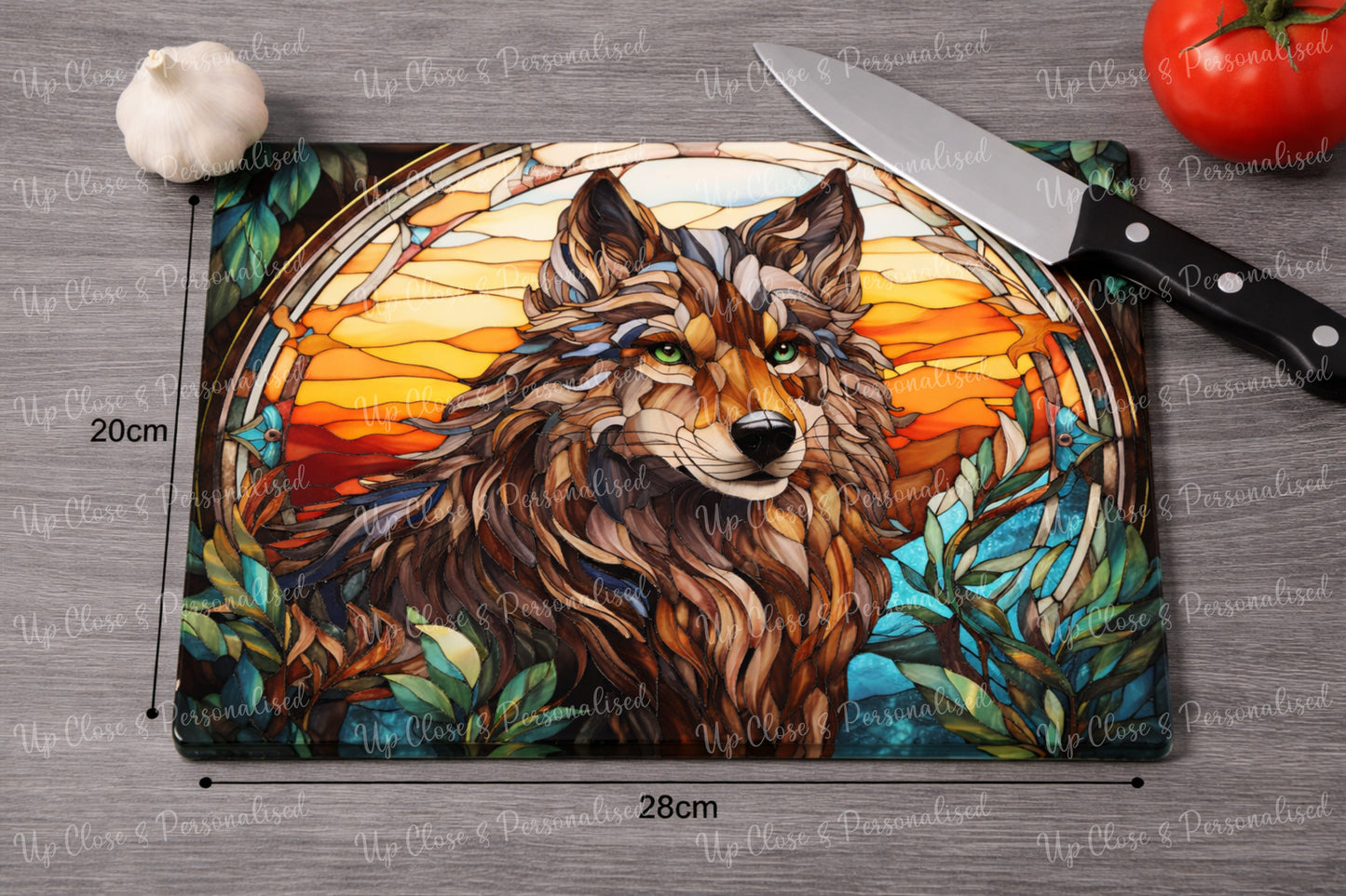 Glass Chopping Board/Heat Protector - Stained Glass Wolf (20 cm x 28cm)