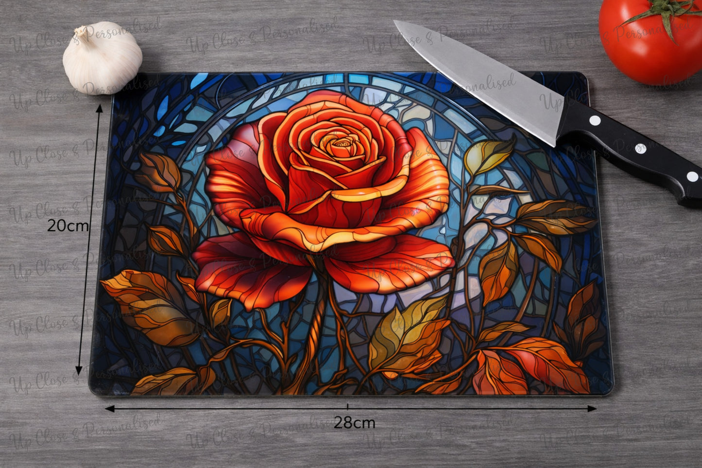 Stained Glass Red Rose Glass Chopping Board & Hair Styler Heat Protector – 28 × 20cm