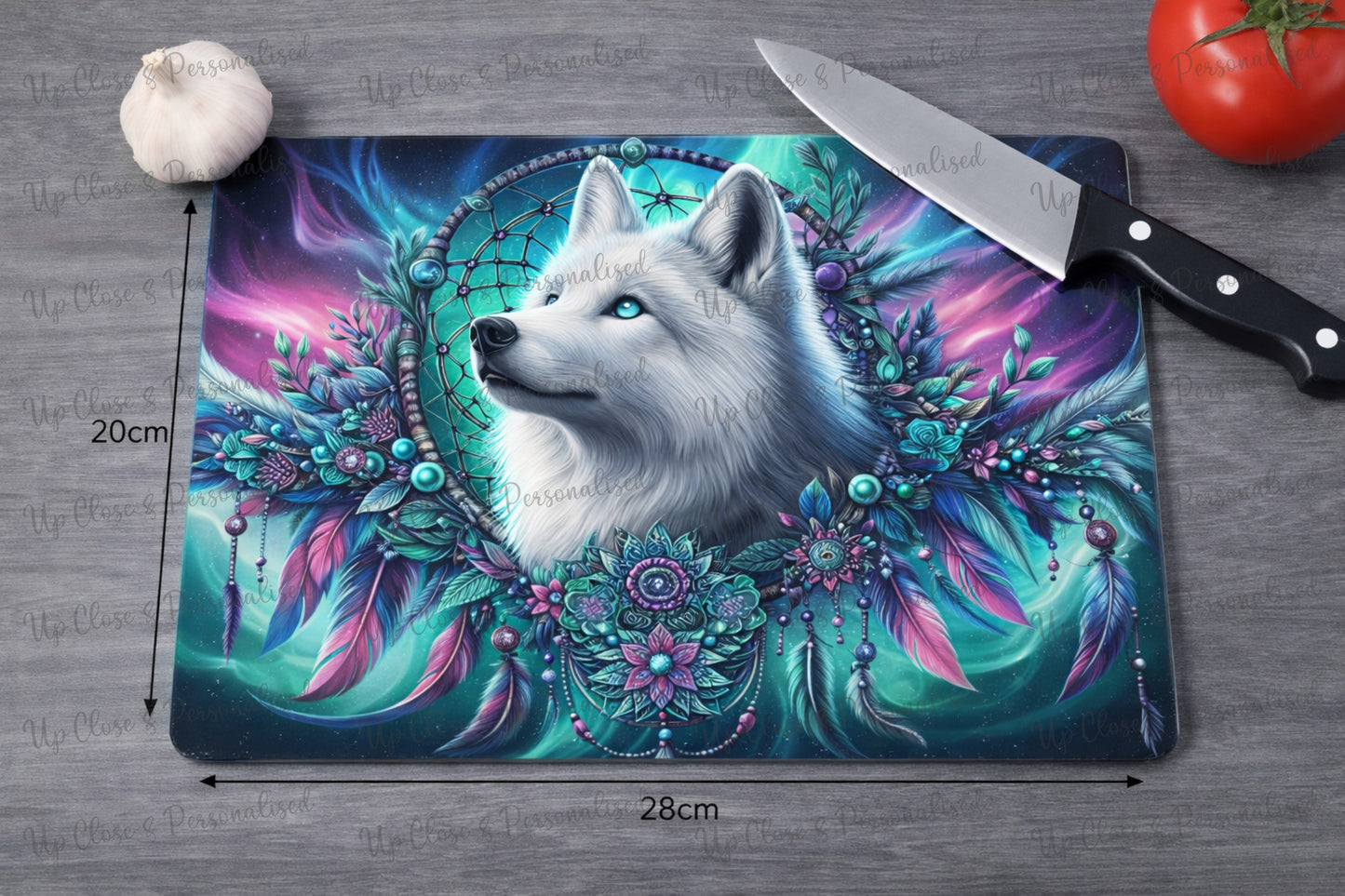 Glass Chopping Board - Wolf Dreamcatcher (20 cm x 28cm)