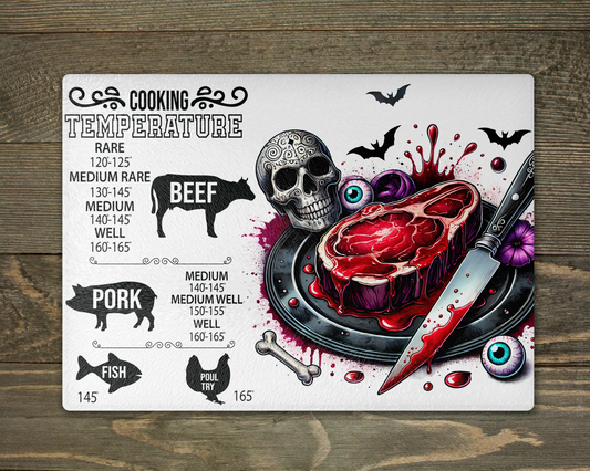 Cooking temperature chart with a skull and meat design