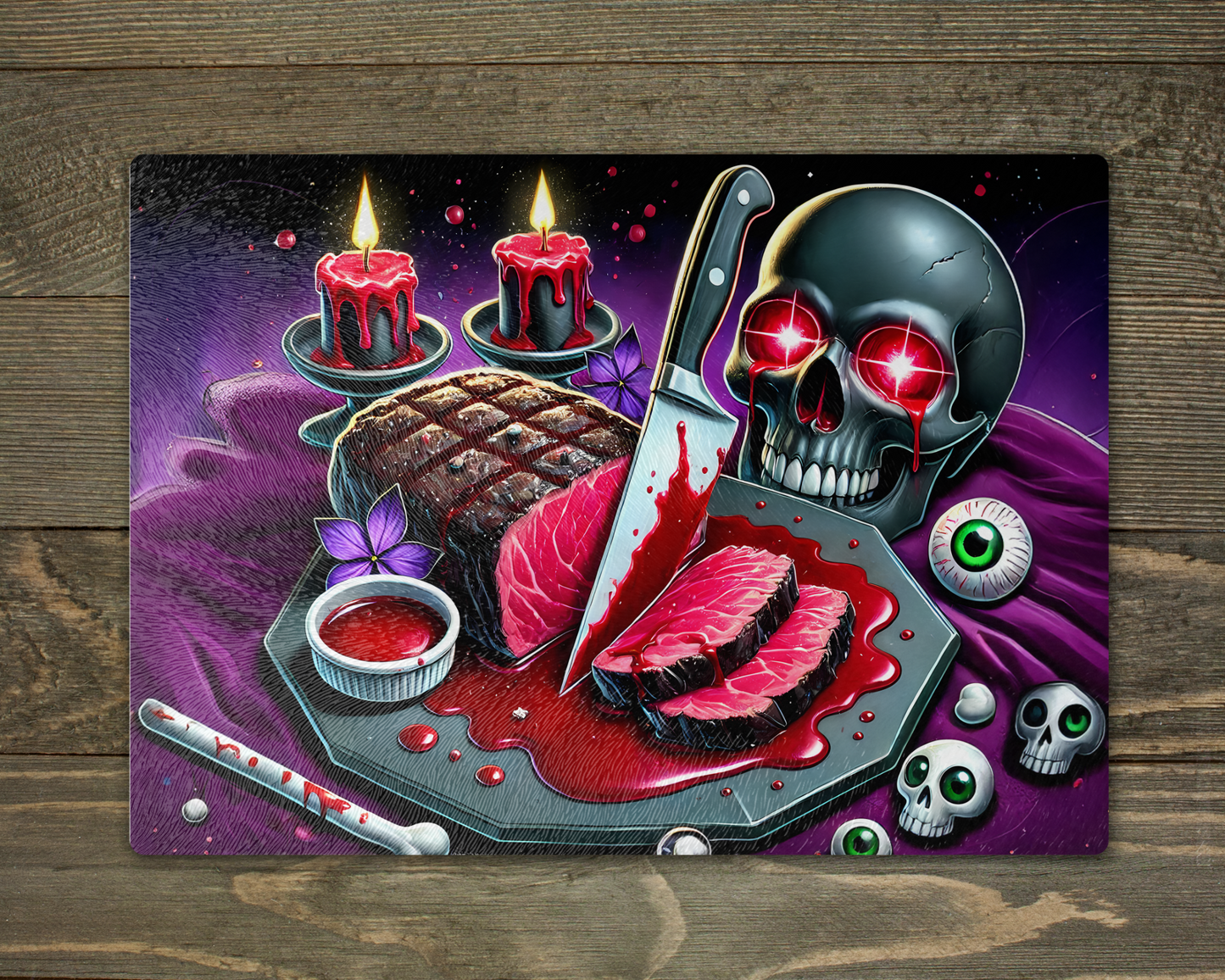Gore-themed placemat with skull, knife, and steak