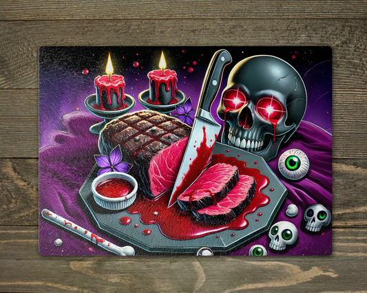 Gore-themed placemat with skull, knife, and steak