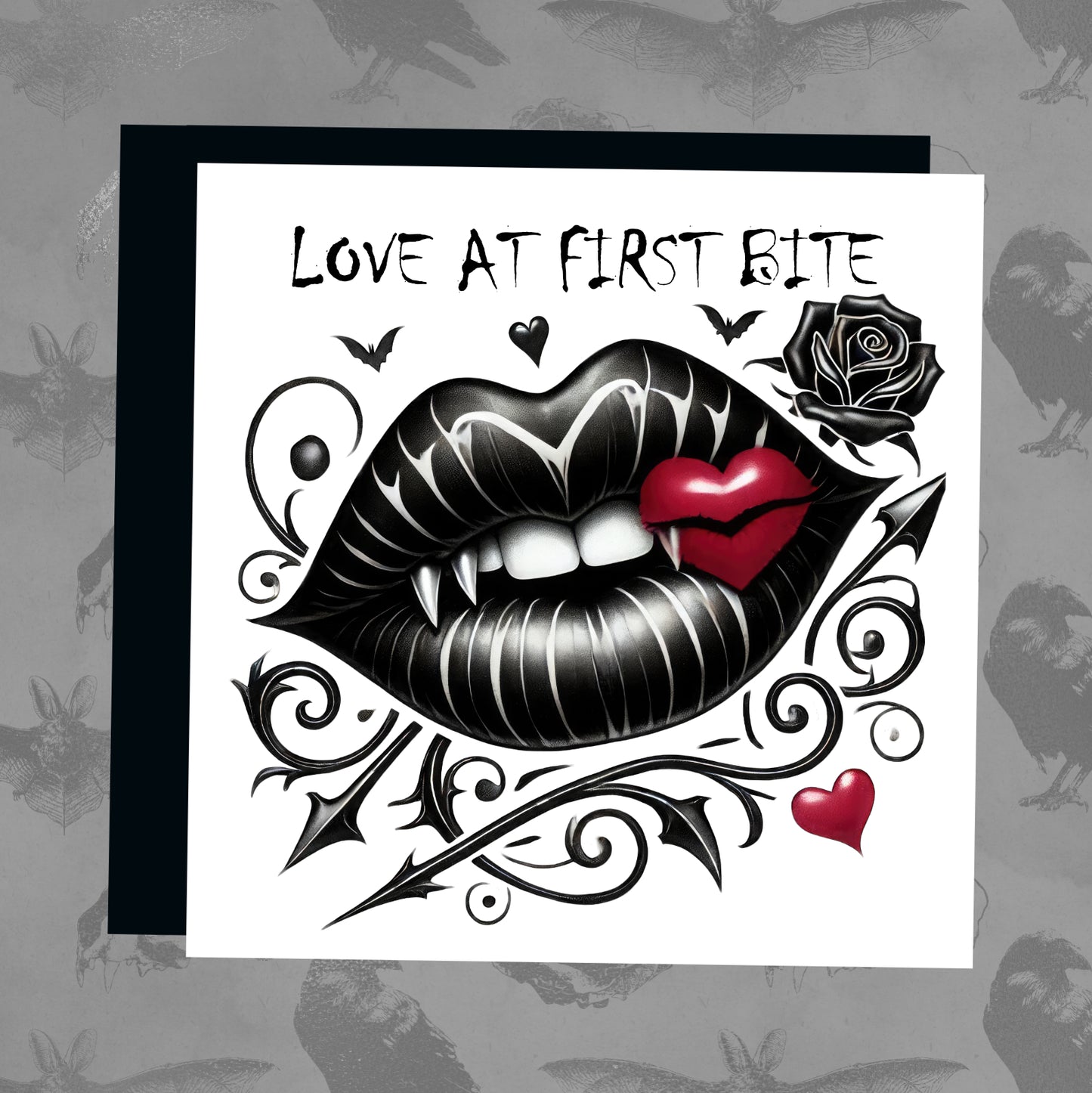 Valentines Card - Love at first bite - black vampire lips