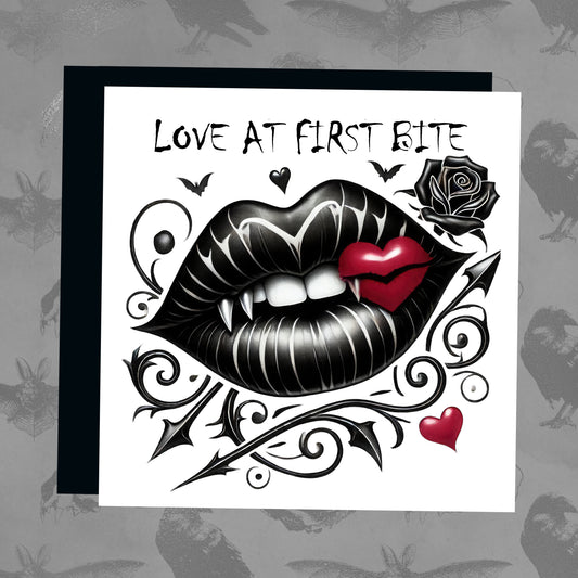 Valentines Card - Love at first bite - black vampire lips