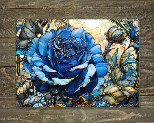 Glass Chopping Board - Stained Glass Blue Rose (20 cm x 28cm)