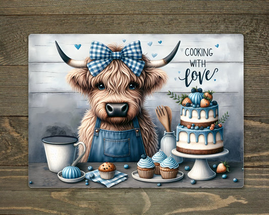 Glass Chopping Board - Highland Cow - Cooking with Love (20 cm x 28cm)
