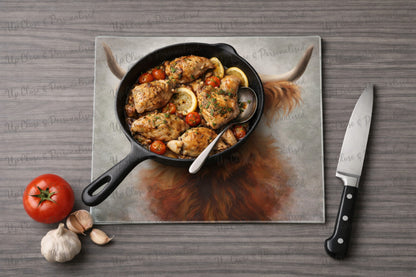 Highland Cow Glass Chopping Board & Heat Mat – Rustic Kitchen & Hair Styling Accessory (20cm x 20cm | 20cm x 28cm | 28cm x 30cm)