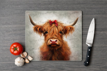 Highland Cow Glass Chopping Board & Heat Mat – Rustic Kitchen & Hair Styling Accessory (20cm x 20cm | 20cm x 28cm | 28cm x 30cm)