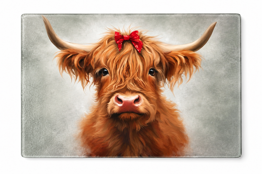 Glass Chopping Board & Heat Protection Mat - Highland Cow red bow – 28cm x 20cm