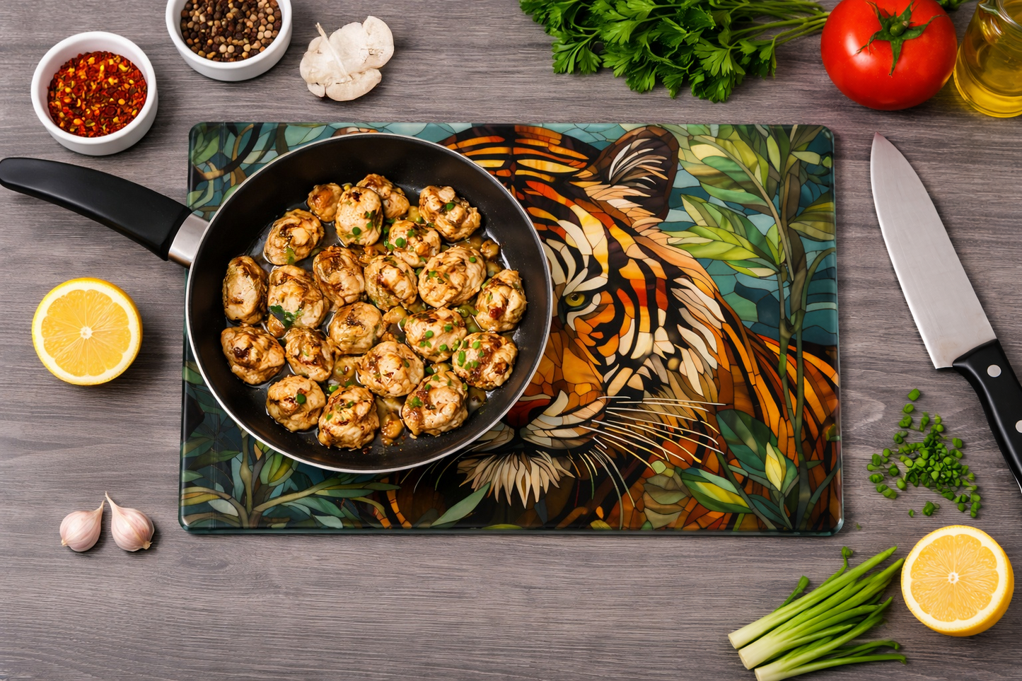 Tiger Glass Chopping Board & Heat Protection Mat – 28 × 20 cm