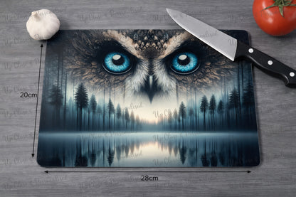 Owl Glass Chopping Board & Heat Resistant Styling Mat – 28×20cm Decorative Kitchen & Hair Styling Surface
