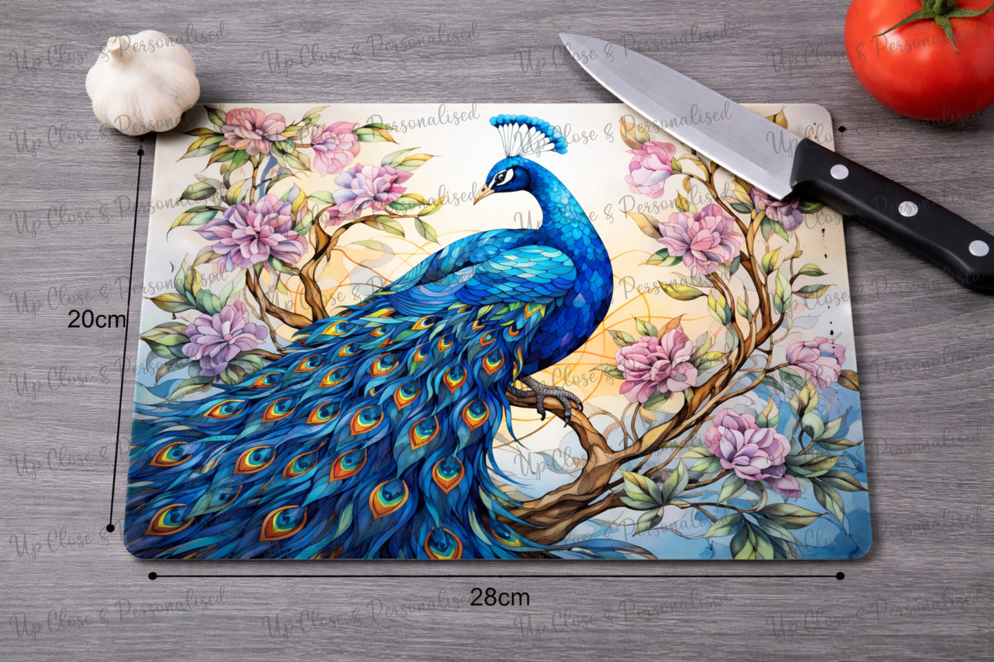 Peacock Glass Heat Protector – Custom Floral Kitchen Surface Saver (20 cm x 28cm)