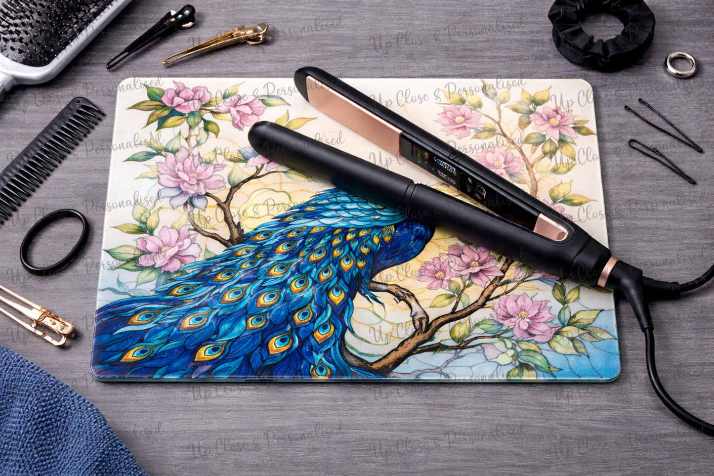 Peacock Glass Heat Protector – Custom Floral Kitchen Surface Saver (20 cm x 28cm)