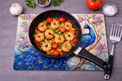 Peacock Glass Heat Protector – Custom Floral Kitchen Surface Saver (20 cm x 28cm)