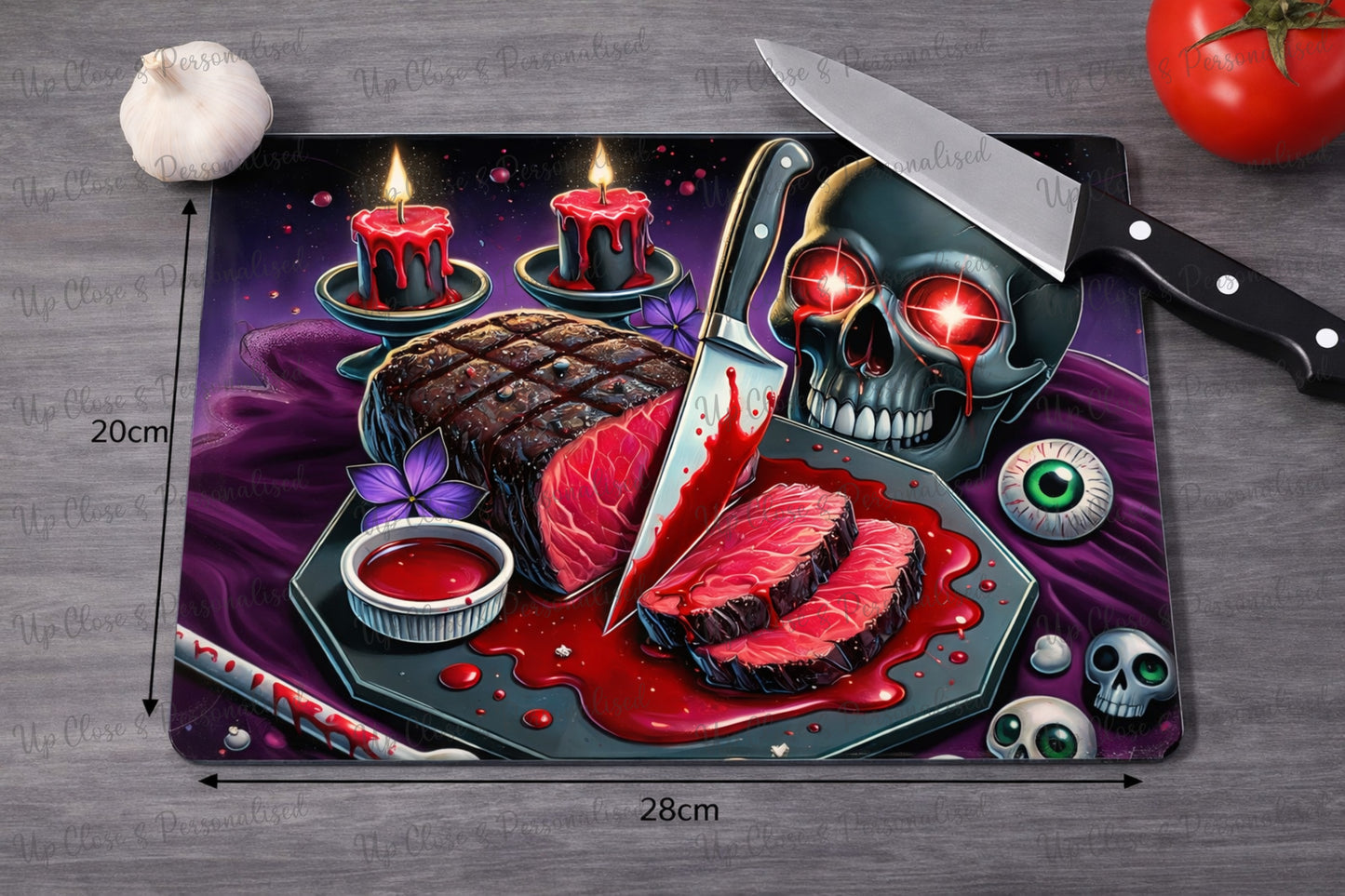 Horror Skull Glass Chopping Board & Heat Resistant Mat – Gothic Kitchen Board & Hair Styling Protector