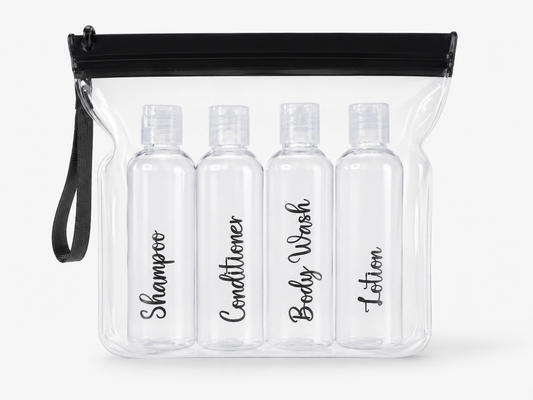 4 x 100ml Refillable Travel Toiletry Bottles with TSA-Approved Clear Bag